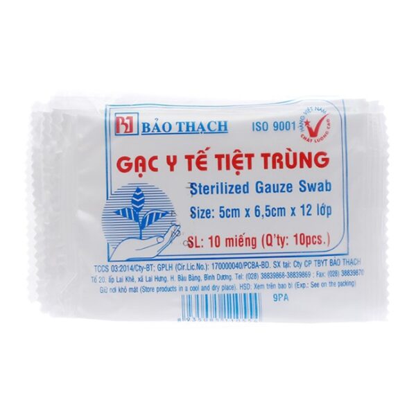 Gạc y tế  Bảo Thạch 5cm x 6,5cm x 12 lớp, Hộp 10 miếng