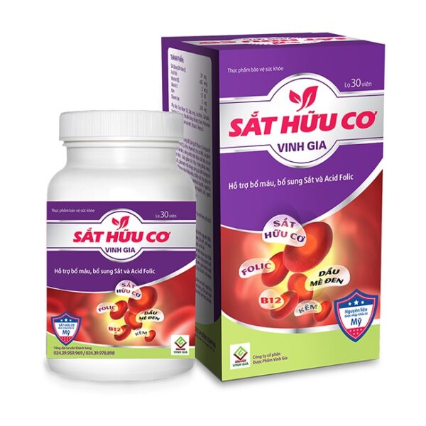 Sắt hữu cơ Vinh Gia giúp bổ sung sắt, Acid folic, Hộp 30 viên