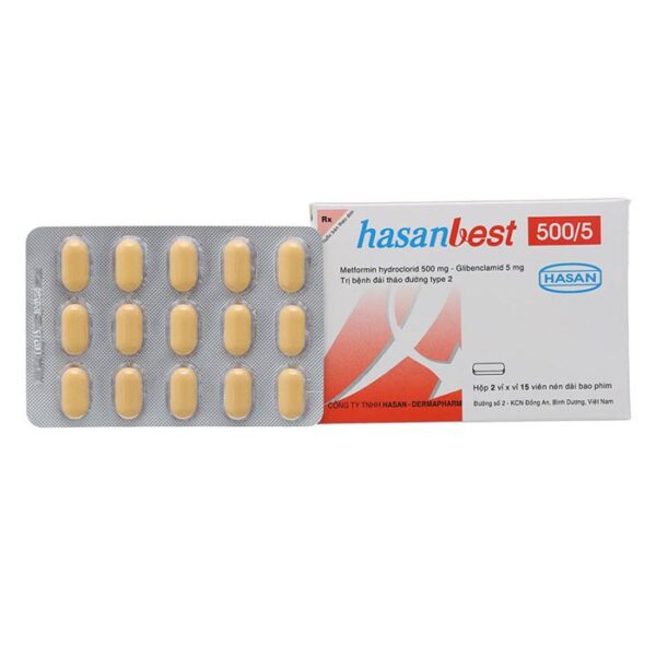 Thuốc đái tháo đường type II Hasanbest 500/5, Hộp 2 vỉ x vỉ 15 viên