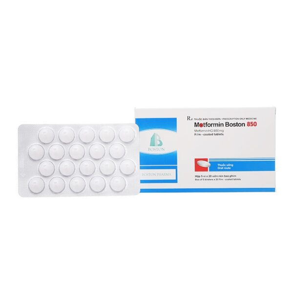 Metformin Boston 850mg, Hộp 5 vỉ x 20 viên